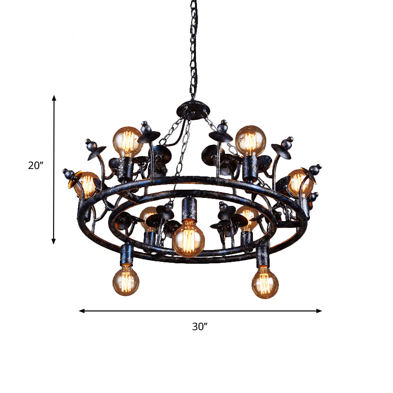 Multi Light Round Chandelier Light Open Bulb Metal Rustic Pendant Lighting in Black Clearhalo 'Ceiling Lights' 'Chandeliers' Lighting' options 140373