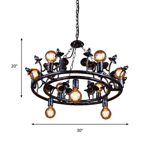 Multi Light Round Chandelier Light Open Bulb Metal Rustic Pendant Lighting in Black Clearhalo 'Ceiling Lights' 'Chandeliers' Lighting' options 140373