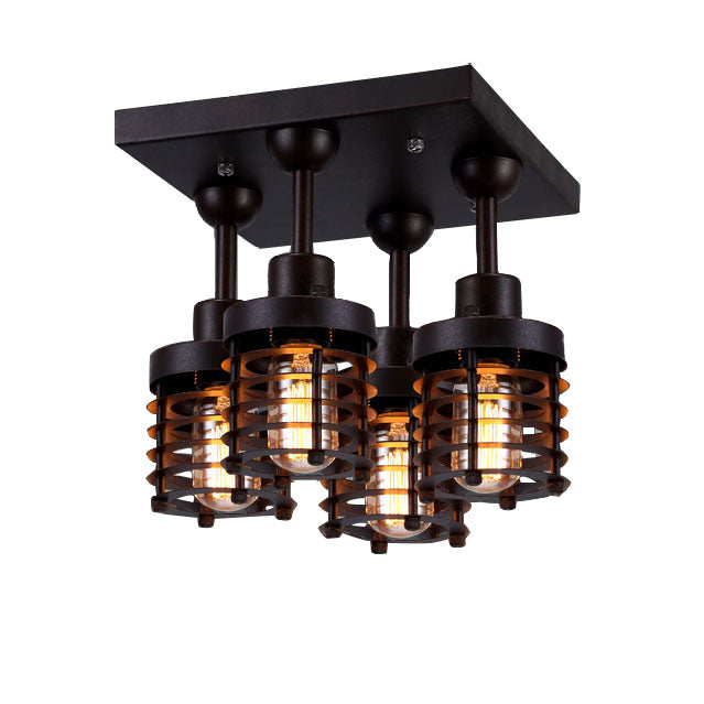 Black Finish Mini Caged Ceiling Lamp Industrial Iron 4-Head Bedroom Semi Flush Mount Lighting with Squared Canopy Clearhalo 'Ceiling Lights' 'Close To Ceiling Lights' 'Close to ceiling' 'Semi-flushmount' Lighting' 140384