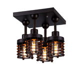 Black Finish Mini Caged Ceiling Lamp Industrial Iron 4-Head Bedroom Semi Flush Mount Lighting with Squared Canopy Clearhalo 'Ceiling Lights' 'Close To Ceiling Lights' 'Close to ceiling' 'Semi-flushmount' Lighting' 140384