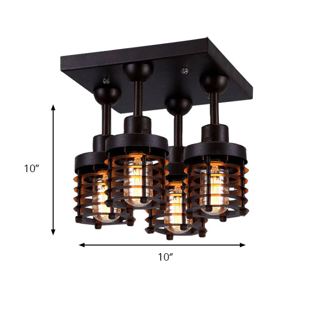 Black Finish Mini Caged Ceiling Lamp Industrial Iron 4-Head Bedroom Semi Flush Mount Lighting with Squared Canopy Clearhalo 'Ceiling Lights' 'Close To Ceiling Lights' 'Close to ceiling' 'Semi-flushmount' Lighting' 140385