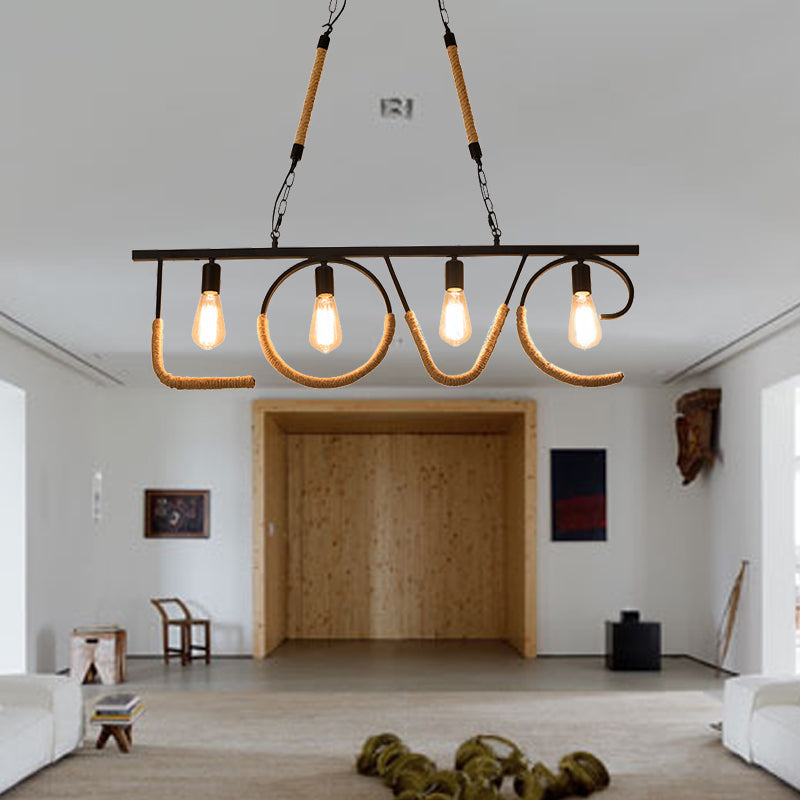 Open Bulb Metal and Rope Island Lamp with LOVE Design Industrial 4 Bulbs Restaurant Island Lighting in Beige Beige Clearhalo 'Ceiling Lights' 'Island Lights' Lighting' 140402