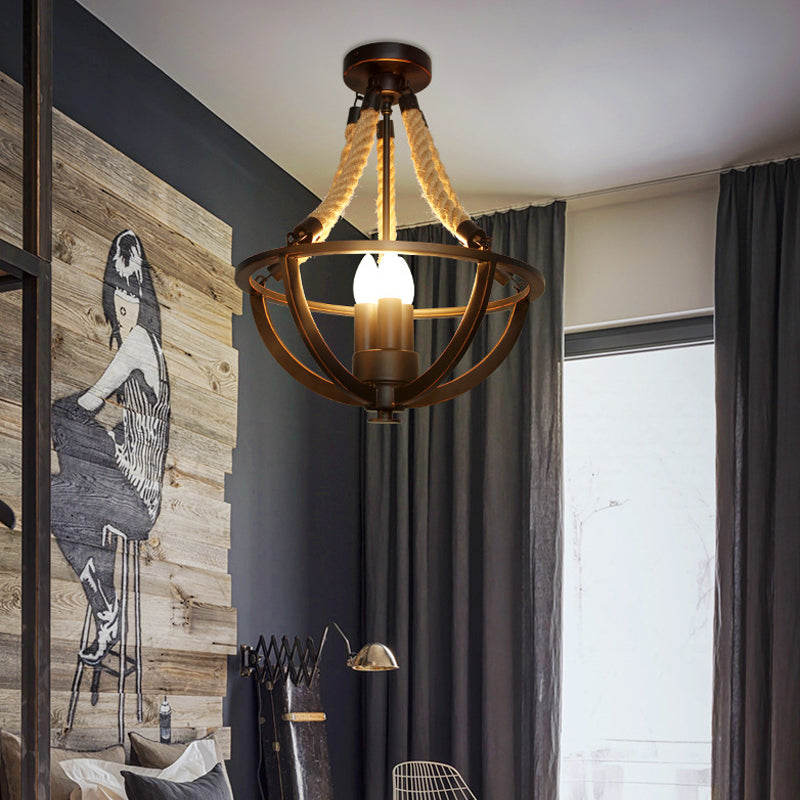 Black Bowl Cage Semi-Flush Mount Light Lodge Metal 3 Lights Dining Room Close to Ceiling Light with Hanging Rope Clearhalo 'Ceiling Lights' 'Close To Ceiling Lights' 'Close to ceiling' 'Semi-flushmount' Lighting' 140439