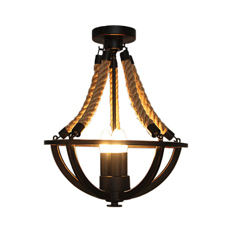 Black Bowl Cage Semi-Flush Mount Light Lodge Metal 3 Lights Dining Room Close to Ceiling Light with Hanging Rope Clearhalo 'Ceiling Lights' 'Close To Ceiling Lights' 'Close to ceiling' 'Semi-flushmount' Lighting' 140440