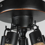 Black Bowl Cage Semi-Flush Mount Light Lodge Metal 3 Lights Dining Room Close to Ceiling Light with Hanging Rope Clearhalo 'Ceiling Lights' 'Close To Ceiling Lights' 'Close to ceiling' 'Semi-flushmount' Lighting' 140442