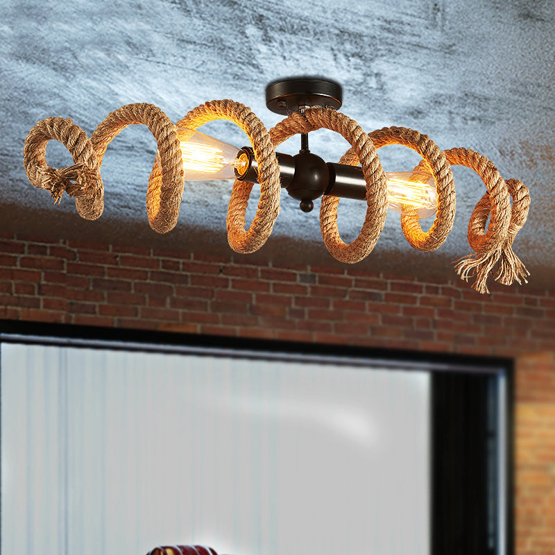 2-Light Swirl Semi Flush Mount Lighting with Open Bulb Industrial Black Metal and Hemp Rope Ceiling Light Fixture Black Clearhalo 'Ceiling Lights' 'Close To Ceiling Lights' 'Close to ceiling' 'Semi-flushmount' Lighting' 140448