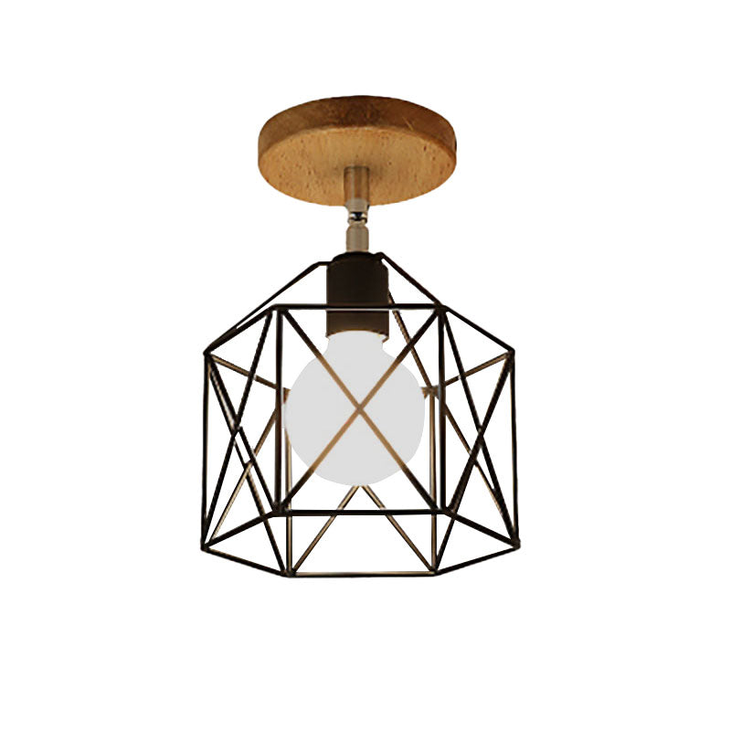 1 Head Iron Ceiling Lighting Retro Style Black/White Global/Squared Cage Shade Porch Rotatable Semi Flush Mount Light Clearhalo 'Ceiling Lights' 'Close To Ceiling Lights' 'Close to ceiling' 'Semi-flushmount' Lighting' 140495
