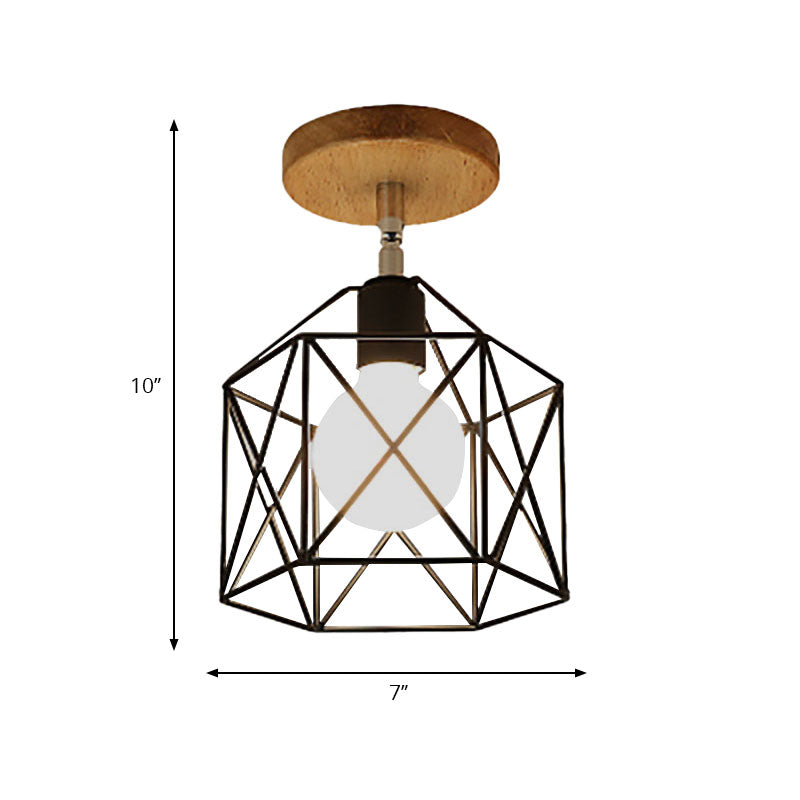 1 Head Iron Ceiling Lighting Retro Style Black/White Global/Squared Cage Shade Porch Rotatable Semi Flush Mount Light Clearhalo 'Ceiling Lights' 'Close To Ceiling Lights' 'Close to ceiling' 'Semi-flushmount' Lighting' 140496