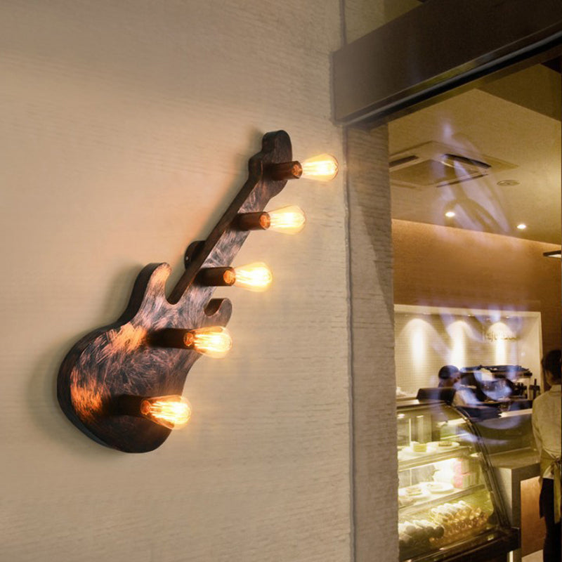 5 Lights Wall Sconce Lighting Bare Bulb Loft Iron Wall Lamp in Rust for Coffee Shop with Guitar Backplate Rust Clearhalo 'Wall Lamps & Sconces' 'Wall Lights' Lighting' 140499