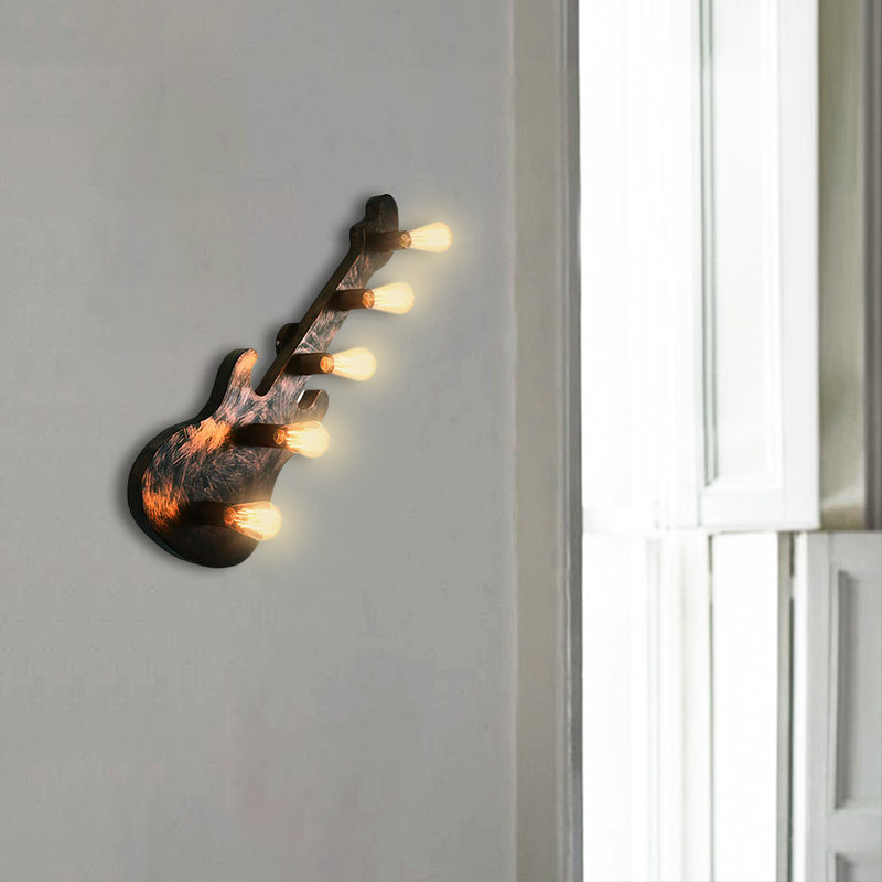 5 Lights Wall Sconce Lighting Bare Bulb Loft Iron Wall Lamp in Rust for Coffee Shop with Guitar Backplate Clearhalo 'Wall Lamps & Sconces' 'Wall Lights' Lighting' 140500