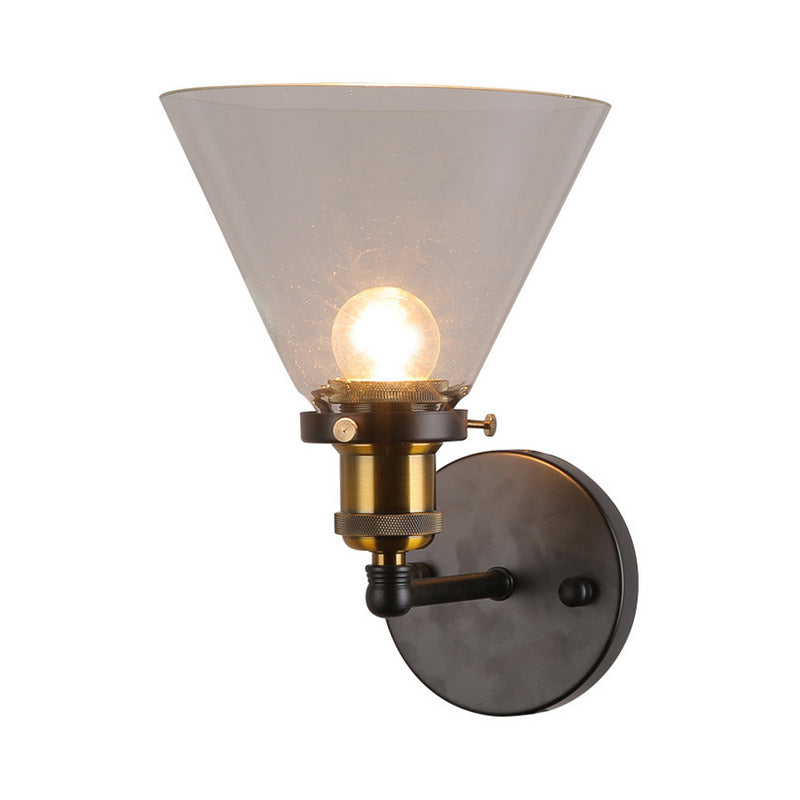 Clear Glass Black Wall Sconce Lighting Cone 1-Light Antique Light Fixture for Kitchen Clearhalo 'Cast Iron' 'Glass' 'Industrial' 'Modern wall lights' 'Modern' 'Tiffany' 'Traditional wall lights' 'Wall Lamps & Sconces' 'Wall Lights' Lighting' 140542