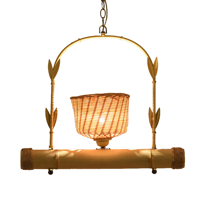 Rattan Basket Shade Chandelier Light Country Style 1/2-Light Beige Ceiling Lamp with Bird Cage Design Clearhalo 'Ceiling Lights' 'Chandeliers' Lighting' options 140545
