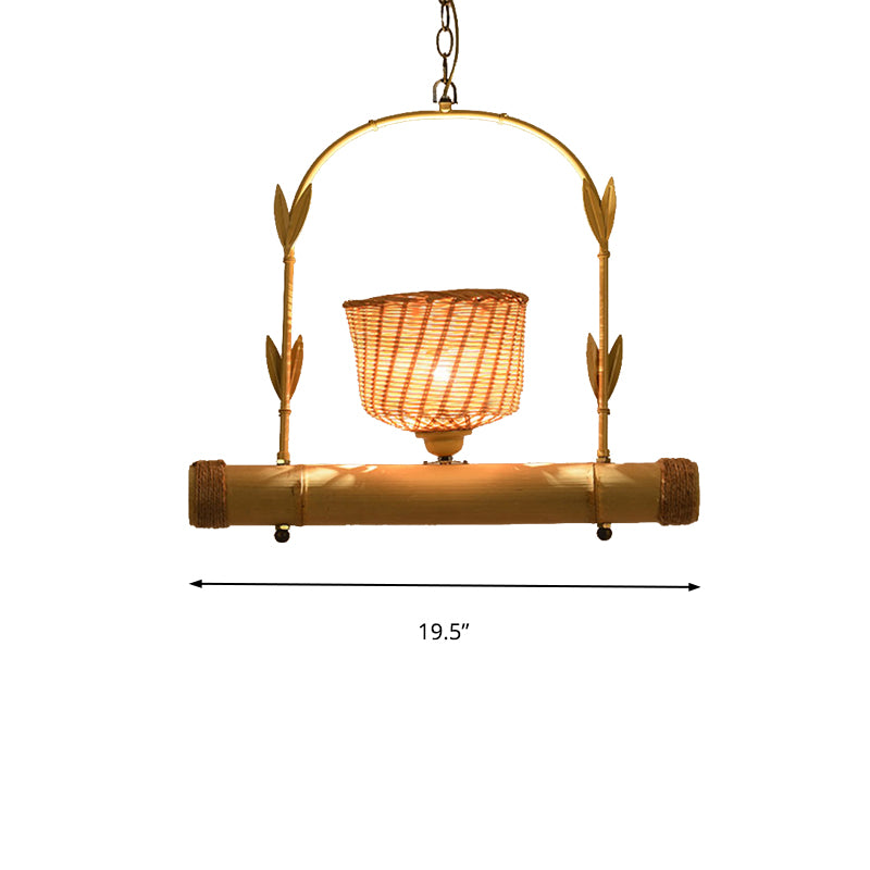 Rattan Basket Shade Chandelier Light Country Style 1/2-Light Beige Ceiling Lamp with Bird Cage Design Clearhalo 'Ceiling Lights' 'Chandeliers' Lighting' options 140546