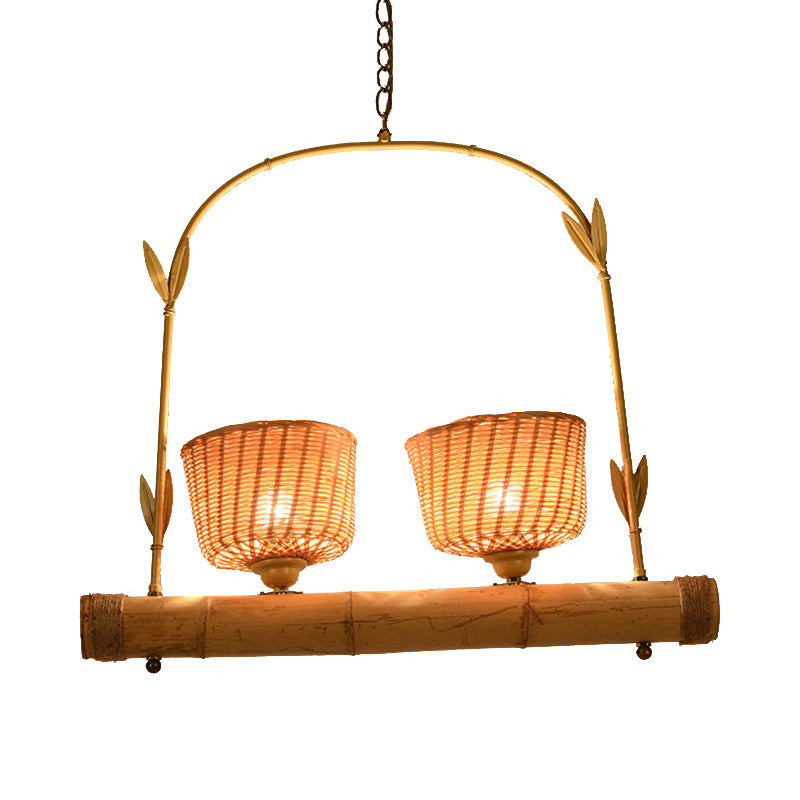 Rattan Basket Shade Chandelier Light Country Style 1/2-Light Beige Ceiling Lamp with Bird Cage Design Clearhalo 'Ceiling Lights' 'Chandeliers' Lighting' options 140548