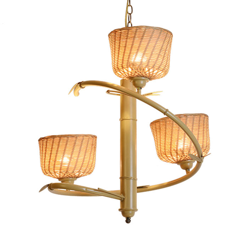 Rattan Basket Shade Chandelier Light Country Style 1/2-Light Beige Ceiling Lamp with Bird Cage Design Clearhalo 'Ceiling Lights' 'Chandeliers' Lighting' options 140551