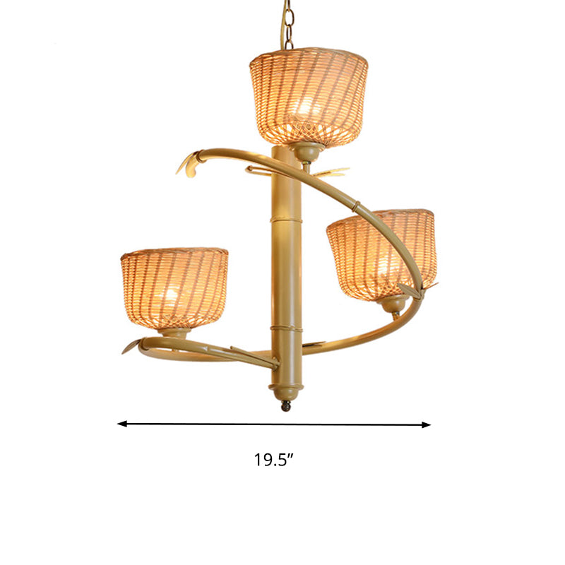 Rattan Basket Shade Chandelier Light Country Style 1/2-Light Beige Ceiling Lamp with Bird Cage Design Clearhalo 'Ceiling Lights' 'Chandeliers' Lighting' options 140552
