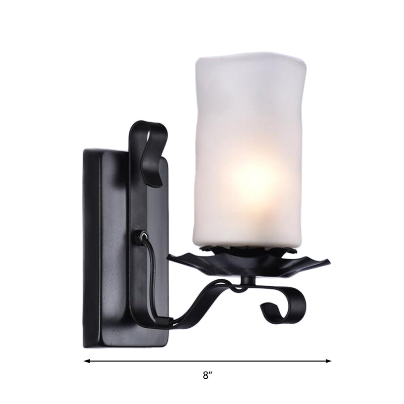 Cylinder Bathroom Sconce Light Fixture Industrial Frosted Glass 1 Light Black Wall Lamp Clearhalo 'Cast Iron' 'Glass' 'Industrial wall lights' 'Industrial' 'Middle century wall lights' 'Modern' 'Tiffany' 'Traditional wall lights' 'Wall Lamps & Sconces' 'Wall Lights' Lighting' 140586