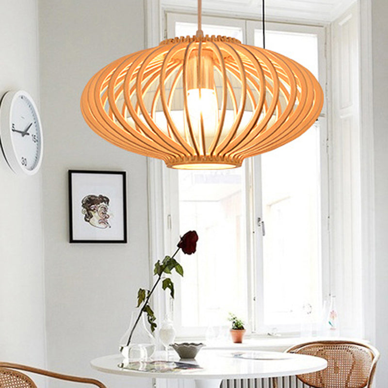 Contemporary Style Lantern Design Hanging Light Wooden 1 Light Living Room Pendant Lamp in Beige Clearhalo 'Ceiling Lights' 'Pendant Lights' 'Pendants' Lighting' 140587