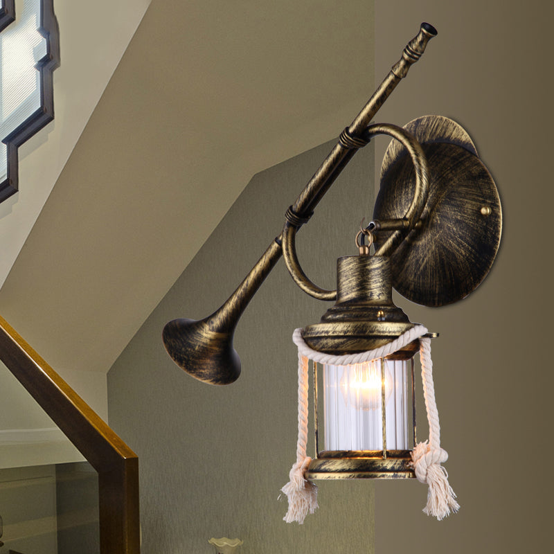 One Bulb Wall Light with Lantern Shade Clear Ribbed Glass Coastal Bedroom Sconce Lighting Fixture with Trumpet Bronze Clearhalo 'Art deco wall lights' 'Cast Iron' 'Glass' 'Industrial wall lights' 'Industrial' 'Middle century wall lights' 'Modern' 'Rustic wall lights' 'Tiffany' 'Traditional wall lights' 'Wall Lamps & Sconces' 'Wall Lights' Lighting' 140647