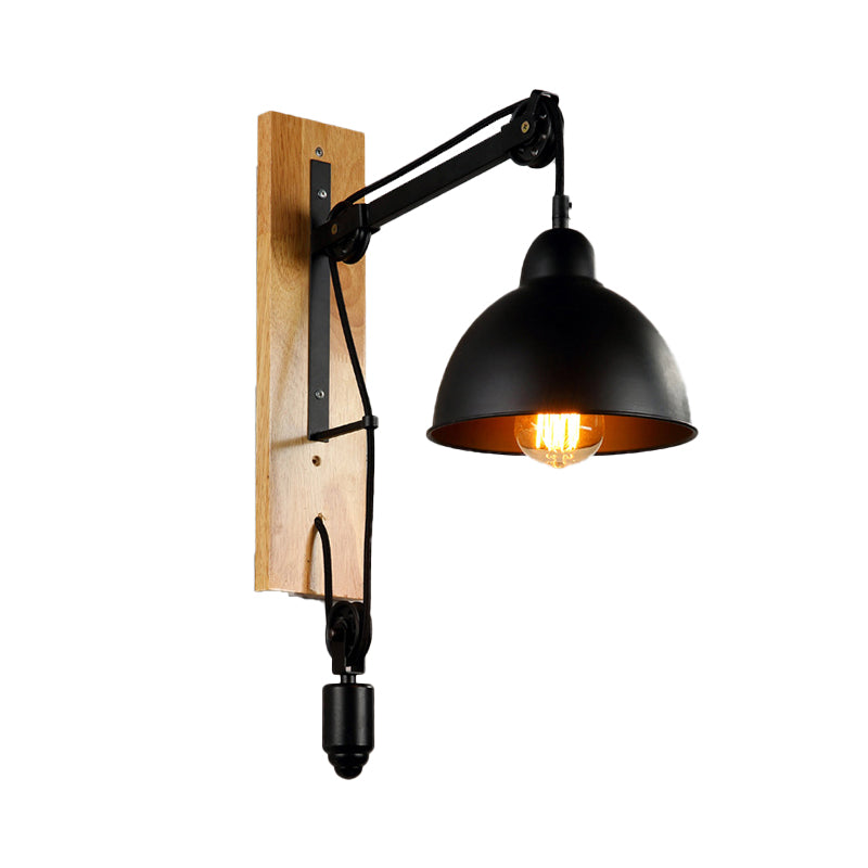 Domed Indoor Wall Mount Light Industrial Metal 1 Head Black Sconce Light with Beige/Brown Wood Backplate and Pulley Clearhalo 'Cast Iron' 'Glass' 'Industrial' 'Modern wall lights' 'Modern' 'Tiffany' 'Traditional wall lights' 'Wall Lamps & Sconces' 'Wall Lights' Lighting' 140667