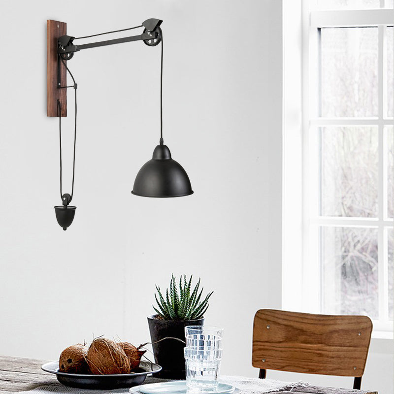 Domed Indoor Wall Mount Light Industrial Metal 1 Head Black Sconce Light with Beige/Brown Wood Backplate and Pulley Clearhalo 'Cast Iron' 'Glass' 'Industrial' 'Modern wall lights' 'Modern' 'Tiffany' 'Traditional wall lights' 'Wall Lamps & Sconces' 'Wall Lights' Lighting' 140670