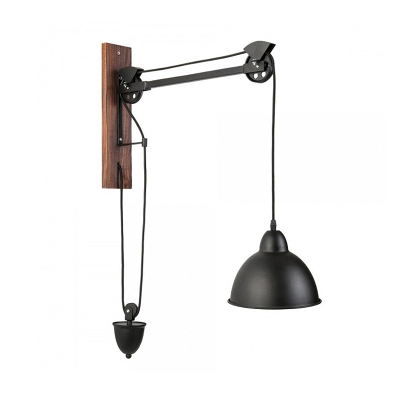 Domed Indoor Wall Mount Light Industrial Metal 1 Head Black Sconce Light with Beige/Brown Wood Backplate and Pulley Brown Clearhalo 'Cast Iron' 'Glass' 'Industrial' 'Modern wall lights' 'Modern' 'Tiffany' 'Traditional wall lights' 'Wall Lamps & Sconces' 'Wall Lights' Lighting' 140671