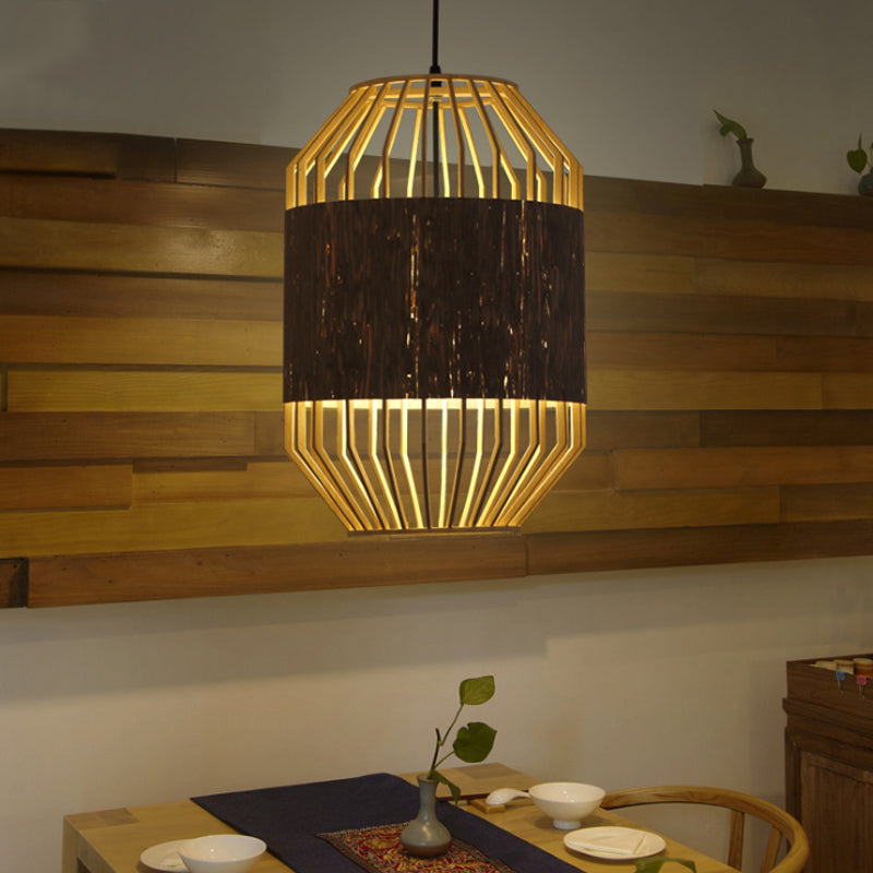 Countryside Cylindrical Ceiling Lighting Bamboo and Wood 1 Bulb Beige Pendant Lamp for Dining Table Clearhalo 'Ceiling Lights' 'Pendant Lights' 'Pendants' Lighting' 140697