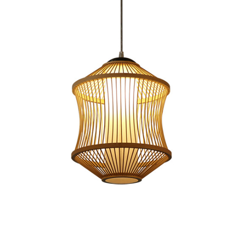 1 Head Restaurant Ceiling Lamp with Cylinder Bamboo Shade Asian Style Beige Hanging Light Fixture Clearhalo 'Ceiling Lights' 'Pendant Lights' 'Pendants' Lighting' 140707