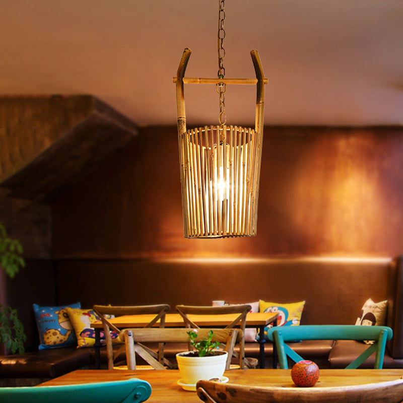 1 Head Restaurant Pendant Lighting with Bucket Bamboo Shade Lodge Stylish Beige Ceiling Light Fixture Beige Clearhalo 'Ceiling Lights' 'Modern Pendants' 'Modern' 'Pendant Lights' 'Pendants' Lighting' 140731