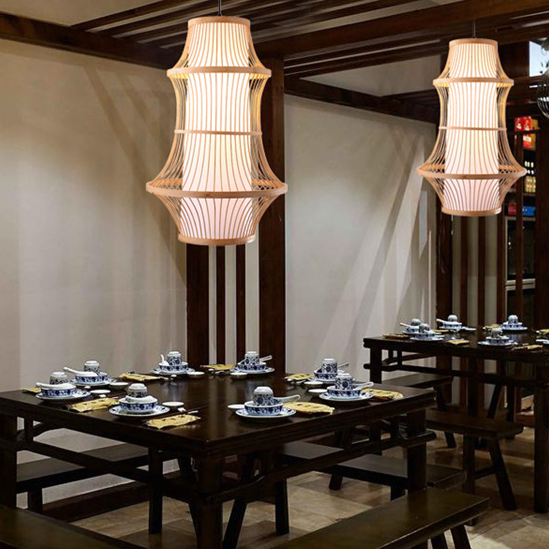 1 Light Restaurant Hanging Light with Cage-Like Bamboo Shade Modernist Beige Pendant Lamp Clearhalo 'Ceiling Lights' 'Pendant Lights' 'Pendants' Lighting' 140753