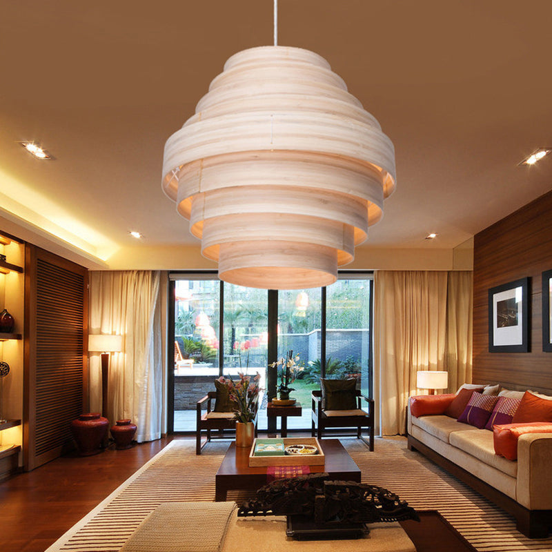 Modern Tiered Suspension Pendant Wooden 1-Light Living Room Hanging Ceiling Light in Natural Wood Clearhalo 'Ceiling Lights' 'Modern Pendants' 'Modern' 'Pendant Lights' 'Pendants' Lighting' 140834