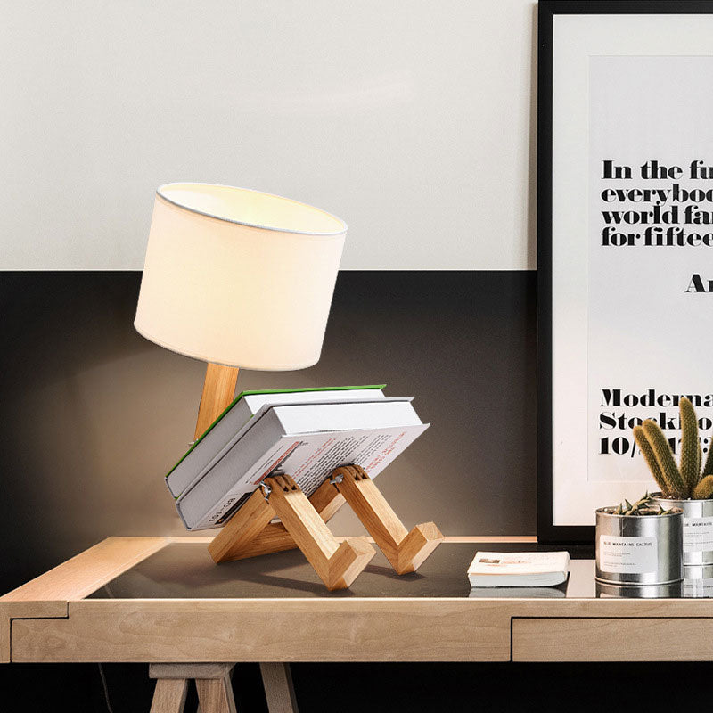 Modernism LED Desk Light with Fabric Shade Beige Drum Small Desk Lamp for Bedroom Wood Clearhalo 'Lamps' 'Table Lamps' Lighting' 140860