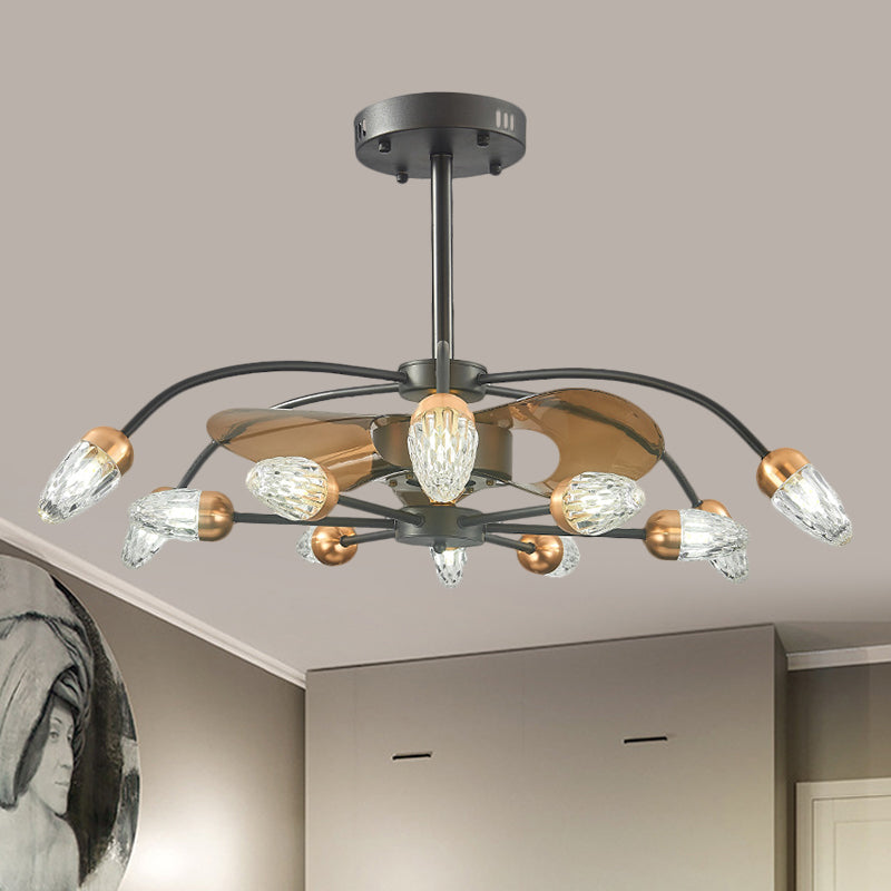 3 Blades 12 Bulbs Ceiling Fan Light Traditional Scrolls Crystal Teardrop Shade Semi Flush in Black, 36.5" Wide Clearhalo 'Ceiling Fans with Lights' 'Ceiling Fans' Lighting' 1409164