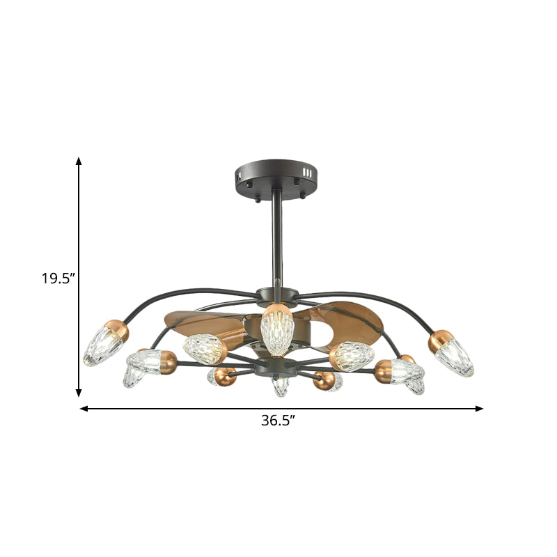 3 Blades 12 Bulbs Ceiling Fan Light Traditional Scrolls Crystal Teardrop Shade Semi Flush in Black, 36.5" Wide Clearhalo 'Ceiling Fans with Lights' 'Ceiling Fans' Lighting' 1409166