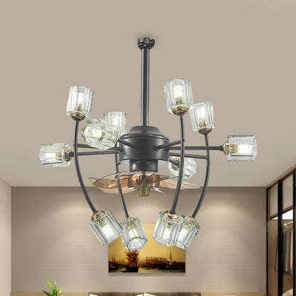 23.5 Wide 12 Bulbs Hanging Fan Light Traditional Scroll Frame Crystal Cylinder Shade 3 Blades Semi-Flush in Black Black Clearhalo 'Ceiling Fans with Lights' 'Ceiling Fans' Lighting' 1409192