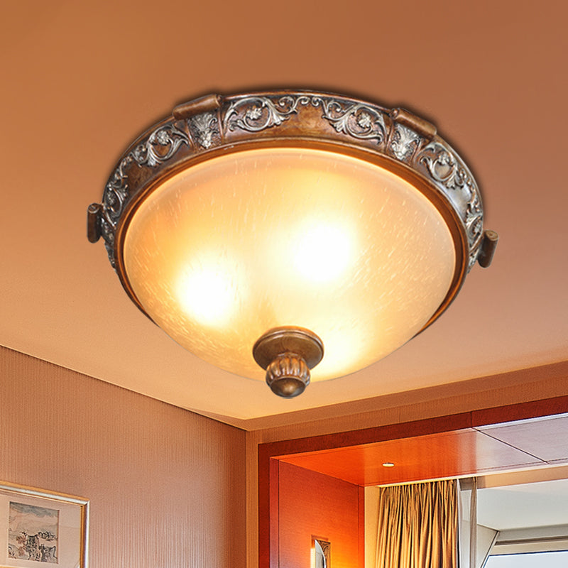 Opal Glass Dome-Shaped Ceiling Lighting Retro Style 3/5-Bulb Drawing Room Flush Light Fixture with Carving Flower in Brown, 16"/19.5"/21.5" Width Brown Clearhalo 'Ceiling Lights' 'Close To Ceiling Lights' 'Close to ceiling' 'Flush mount' Lighting' 1409223