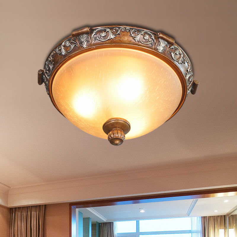 Opal Glass Dome-Shaped Ceiling Lighting Retro Style 3/5-Bulb Drawing Room Flush Light Fixture with Carving Flower in Brown, 16"/19.5"/21.5" Width Clearhalo 'Ceiling Lights' 'Close To Ceiling Lights' 'Close to ceiling' 'Flush mount' Lighting' 1409224