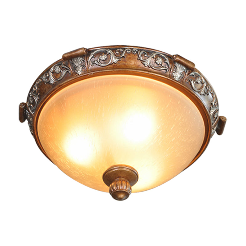 Opal Glass Dome-Shaped Ceiling Lighting Retro Style 3/5-Bulb Drawing Room Flush Light Fixture with Carving Flower in Brown, 16"/19.5"/21.5" Width Clearhalo 'Ceiling Lights' 'Close To Ceiling Lights' 'Close to ceiling' 'Flush mount' Lighting' 1409225