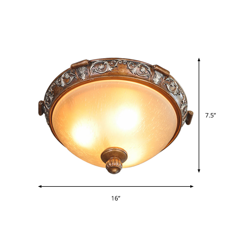 Opal Glass Dome-Shaped Ceiling Lighting Retro Style 3/5-Bulb Drawing Room Flush Light Fixture with Carving Flower in Brown, 16"/19.5"/21.5" Width Clearhalo 'Ceiling Lights' 'Close To Ceiling Lights' 'Close to ceiling' 'Flush mount' Lighting' 1409226