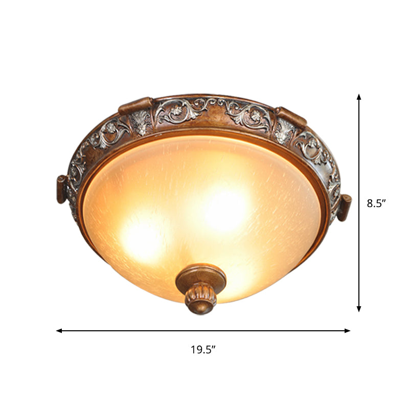 Opal Glass Dome-Shaped Ceiling Lighting Retro Style 3/5-Bulb Drawing Room Flush Light Fixture with Carving Flower in Brown, 16"/19.5"/21.5" Width Clearhalo 'Ceiling Lights' 'Close To Ceiling Lights' 'Close to ceiling' 'Flush mount' Lighting' 1409227