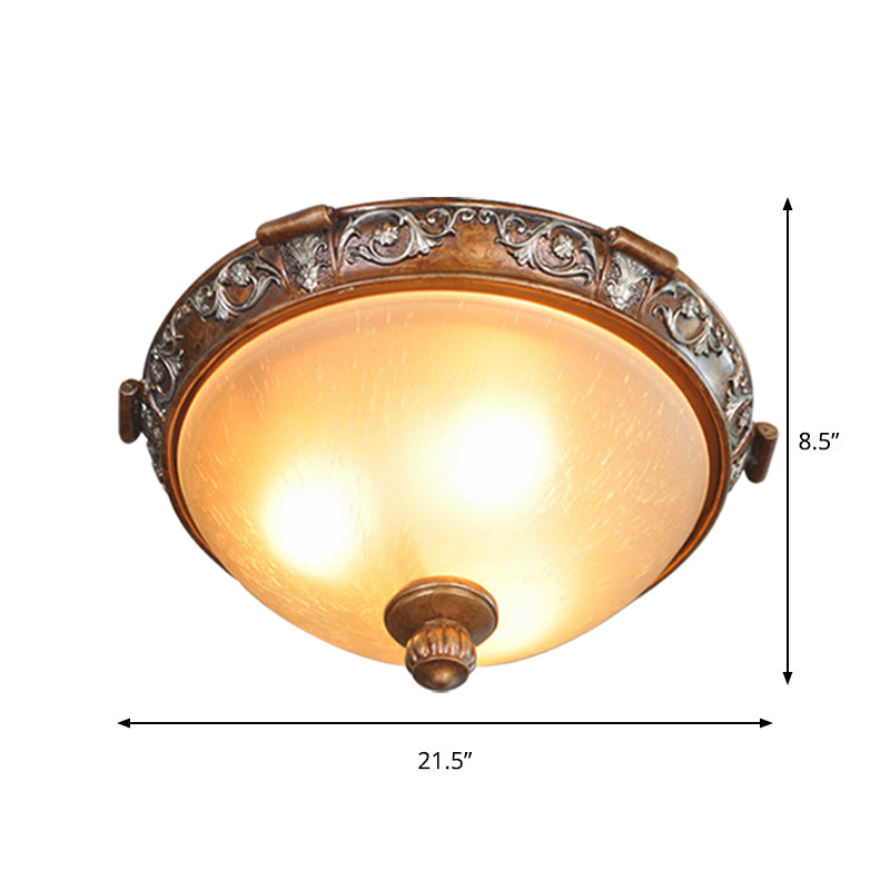 Opal Glass Dome-Shaped Ceiling Lighting Retro Style 3/5-Bulb Drawing Room Flush Light Fixture with Carving Flower in Brown, 16"/19.5"/21.5" Width Clearhalo 'Ceiling Lights' 'Close To Ceiling Lights' 'Close to ceiling' 'Flush mount' Lighting' 1409228