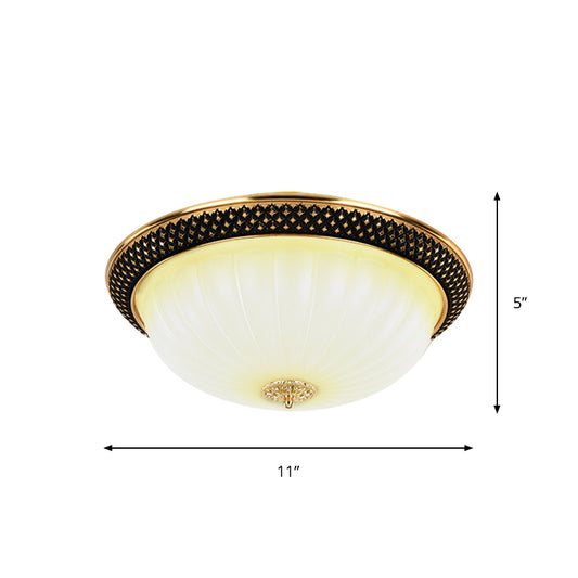 Semi-Orb Corridor Flush Mount Vintage Fluted Opal Glass Black and Gold LED Ceiling Lighting, 11"/15" Width Clearhalo 'Ceiling Lights' 'Close To Ceiling Lights' 'Close to ceiling' 'Flush mount' Lighting' 1409245