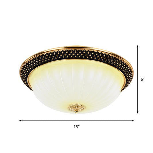 Semi-Orb Corridor Flush Mount Vintage Fluted Opal Glass Black and Gold LED Ceiling Lighting, 11"/15" Width Clearhalo 'Ceiling Lights' 'Close To Ceiling Lights' 'Close to ceiling' 'Flush mount' Lighting' 1409246