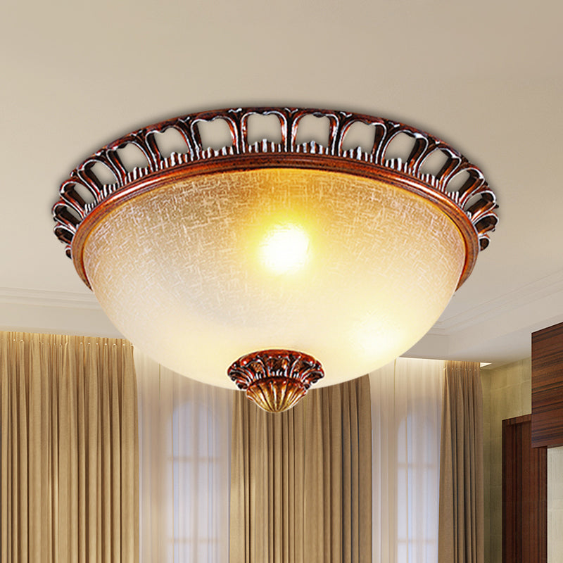 Opal Glass Domed Flush Lamp Countryside 13"/16.5" Wide 2/3-Light Bedroom Ceiling Mounted Fixture in Brown Clearhalo 'Ceiling Lights' 'Close To Ceiling Lights' 'Close to ceiling' 'Flush mount' Lighting' 1409252