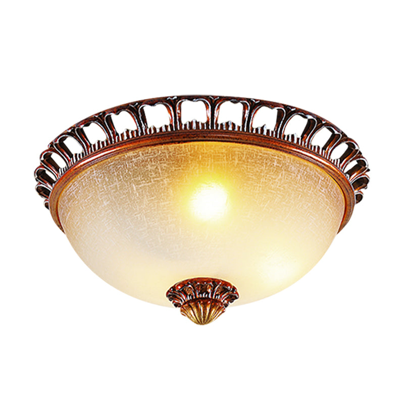 Opal Glass Domed Flush Lamp Countryside 13"/16.5" Wide 2/3-Light Bedroom Ceiling Mounted Fixture in Brown Clearhalo 'Ceiling Lights' 'Close To Ceiling Lights' 'Close to ceiling' 'Flush mount' Lighting' 1409253