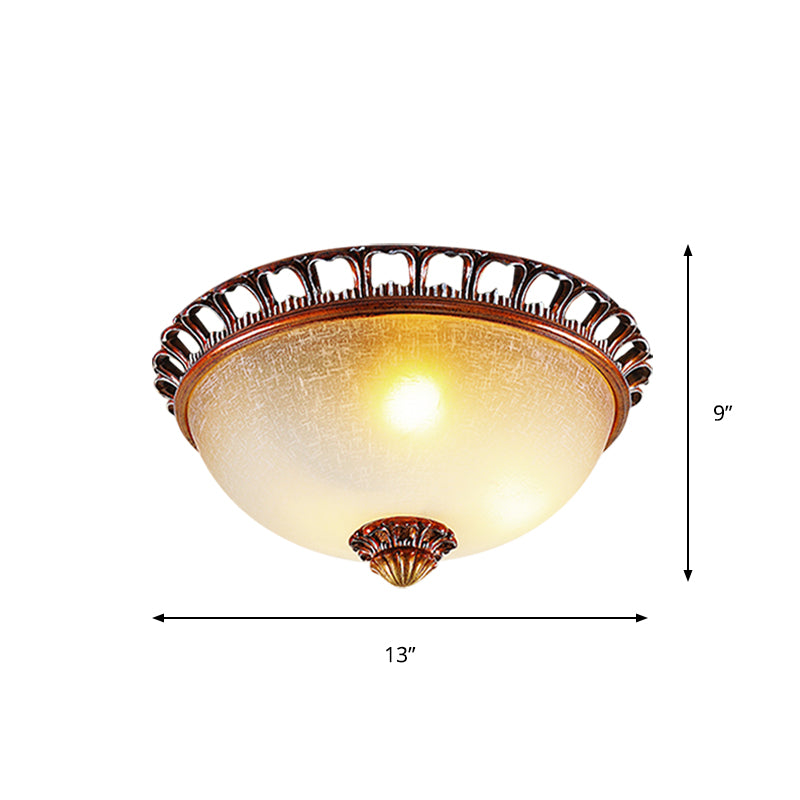 Opal Glass Domed Flush Lamp Countryside 13"/16.5" Wide 2/3-Light Bedroom Ceiling Mounted Fixture in Brown Clearhalo 'Ceiling Lights' 'Close To Ceiling Lights' 'Close to ceiling' 'Flush mount' Lighting' 1409254