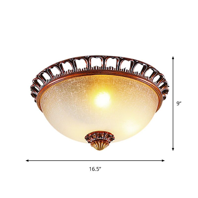 Opal Glass Domed Flush Lamp Countryside 13"/16.5" Wide 2/3-Light Bedroom Ceiling Mounted Fixture in Brown Clearhalo 'Ceiling Lights' 'Close To Ceiling Lights' 'Close to ceiling' 'Flush mount' Lighting' 1409255