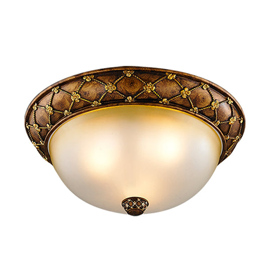 Rustic Style Dome-Like Ceiling Lamp 3 Heads Frosted Glass Flush Mount Light Fixture in Brown, 15"/19" Width Clearhalo 'Ceiling Lights' 'Close To Ceiling Lights' 'Close to ceiling' 'Flush mount' Lighting' 1409258