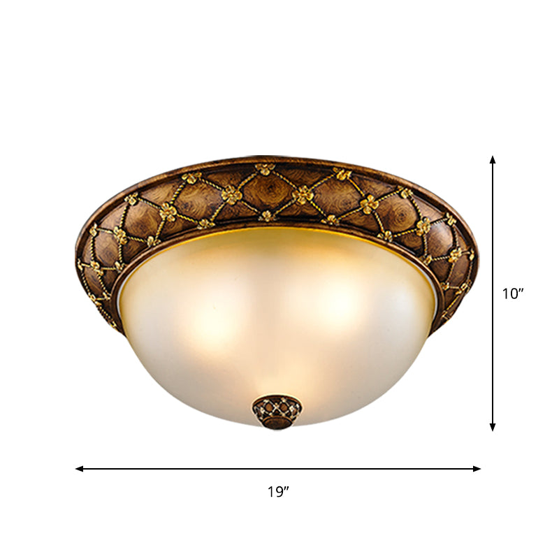 Rustic Style Dome-Like Ceiling Lamp 3 Heads Frosted Glass Flush Mount Light Fixture in Brown, 15"/19" Width Clearhalo 'Ceiling Lights' 'Close To Ceiling Lights' 'Close to ceiling' 'Flush mount' Lighting' 1409260