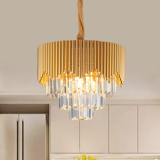 4/6/8 Heads Clear Crystal Prisms Chandelier Modern Gold Finish Tapered Great Room Suspension Pendant, 16"/19.5"/23.5" Wide Gold 16" Clearhalo 'Ceiling Lights' 'Chandeliers' 'Modern Chandeliers' 'Modern' Lighting' 1409306